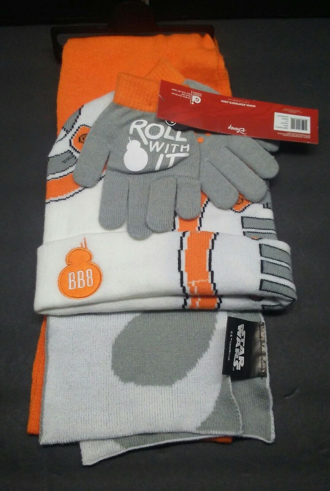 Star Wars Bb8 Boy's 3 Piece Pc Hat Scarf Gloves Set Nwt Osfm Disney White,orange