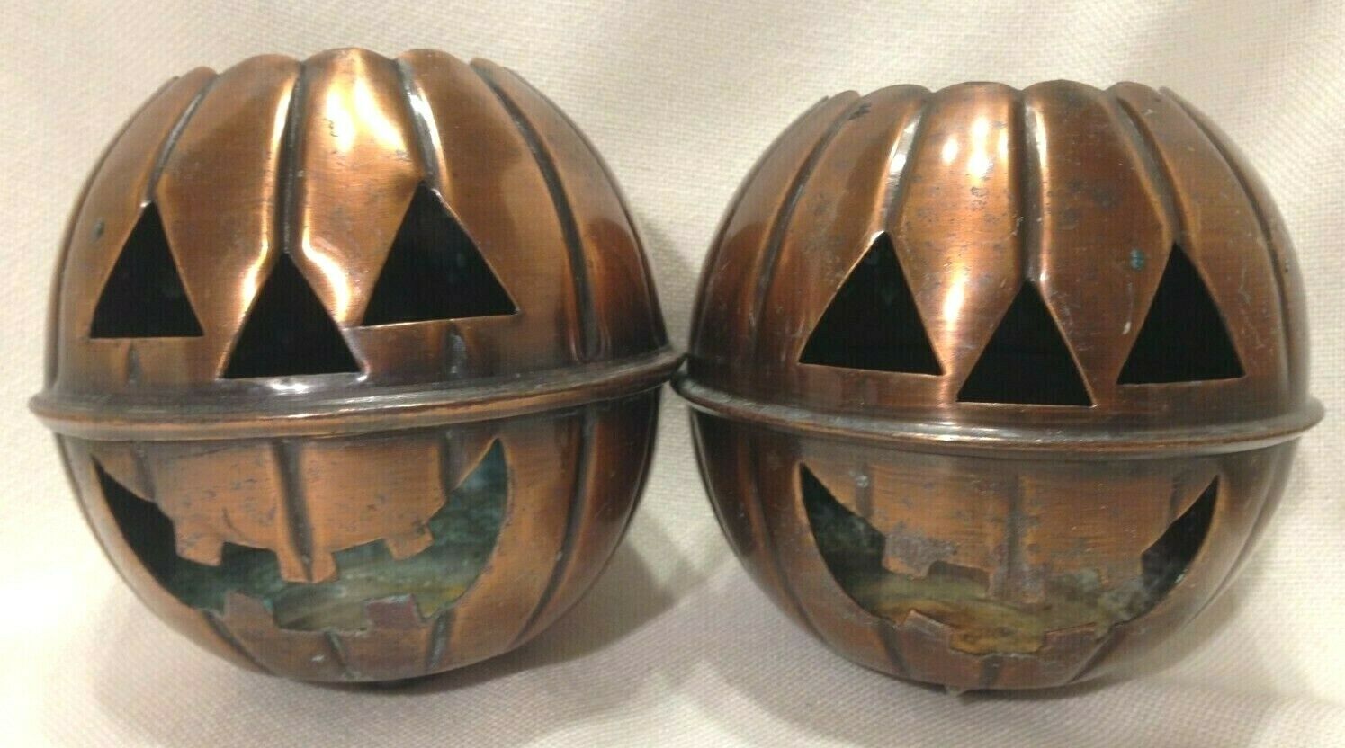 2 Restoration Hardware Copper Pumpkins Candle Holders Jack-o-lantern/rare