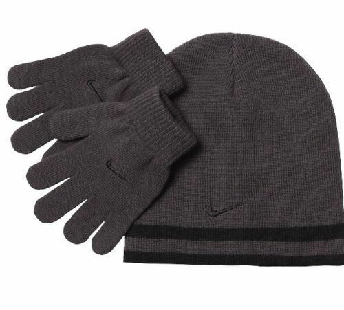 Nike Boys Knit Hat & Gloves Set 8-20 Beanie Reversible Winter Black Gray Swoosh
