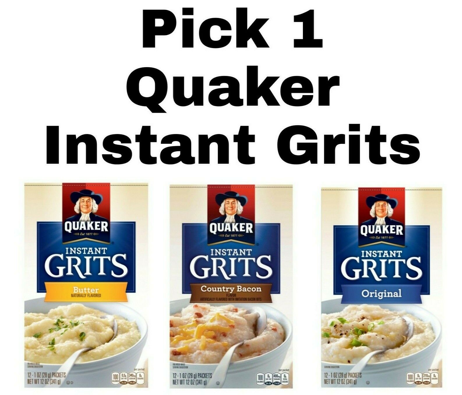 Pick 1 Quaker Instant Grits 12 Oz Box: Butter, Country Bacon Or Original