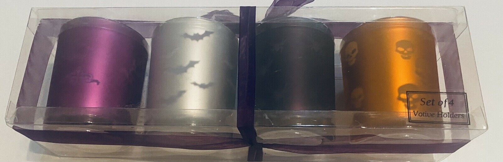 Set Of 4 Halloween Votive Candle Holders Skulls Bats Spiders Orange Purple New