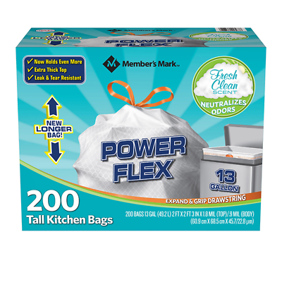 Member's Mark Power Flex Tall 13gal Kitchen Drawstring Trash Bags - 200 Count