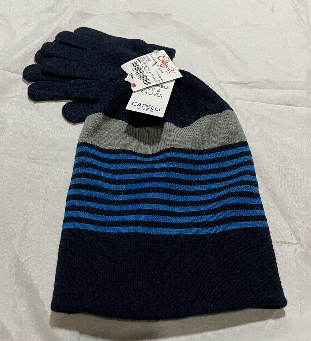 Capelli New York Blue Striped Beanie Hat & Gloves M/l - Nwt