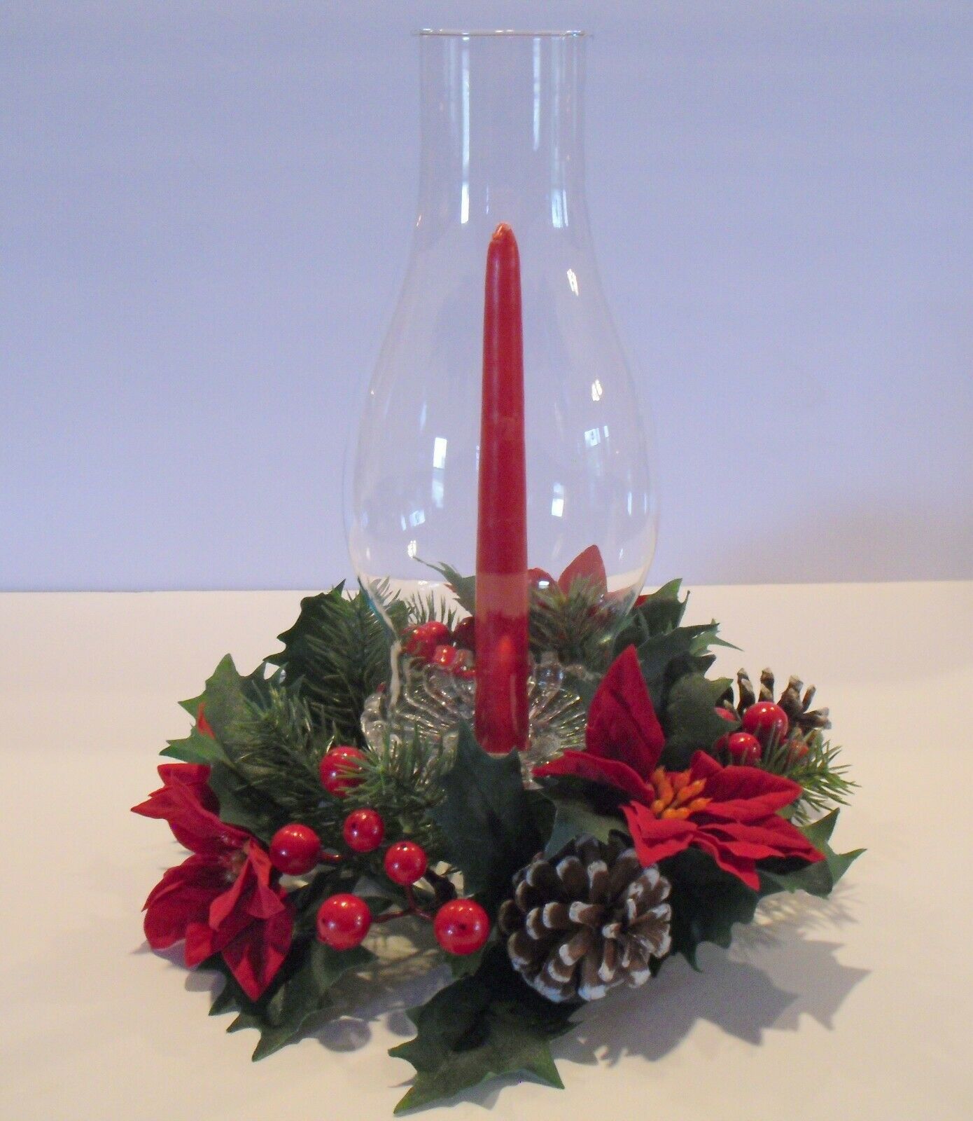 Christmas Holiday Centerpiece Arrangement Lg. Glass Candle Holder W/candle   New