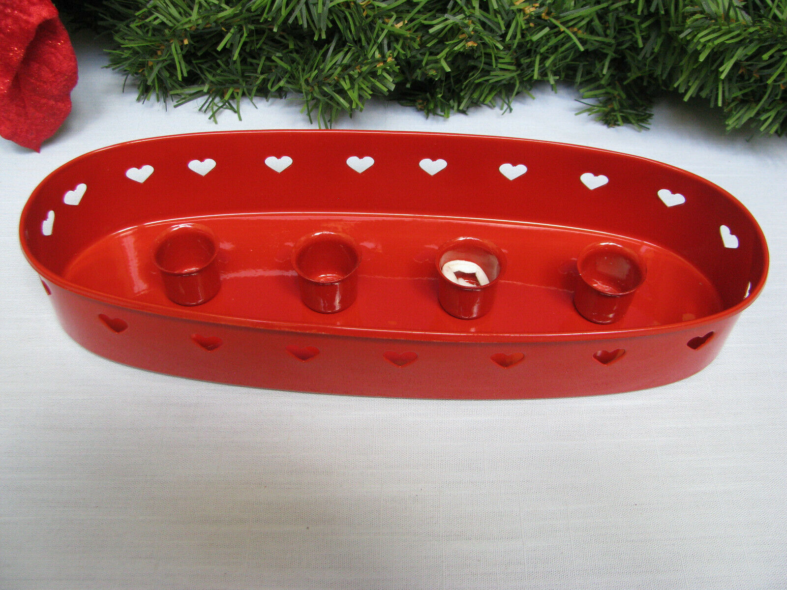 Dorre Swedish Red Metal Oval Candle Tray 4 Taper Holders Advent Xmas Floral Tool