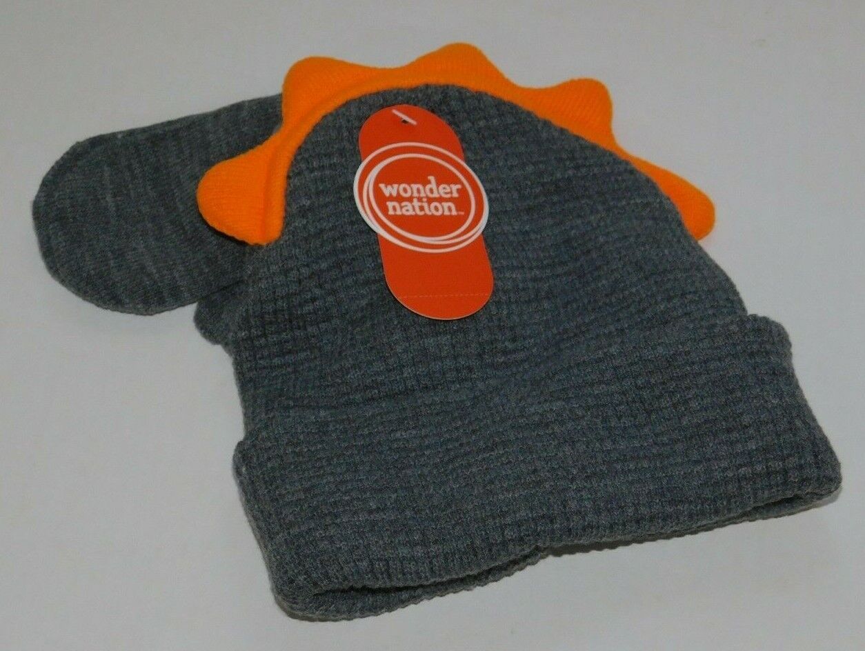Toddler Boys Knit Hat & Mitten Set Dinosaur Gray Preschool