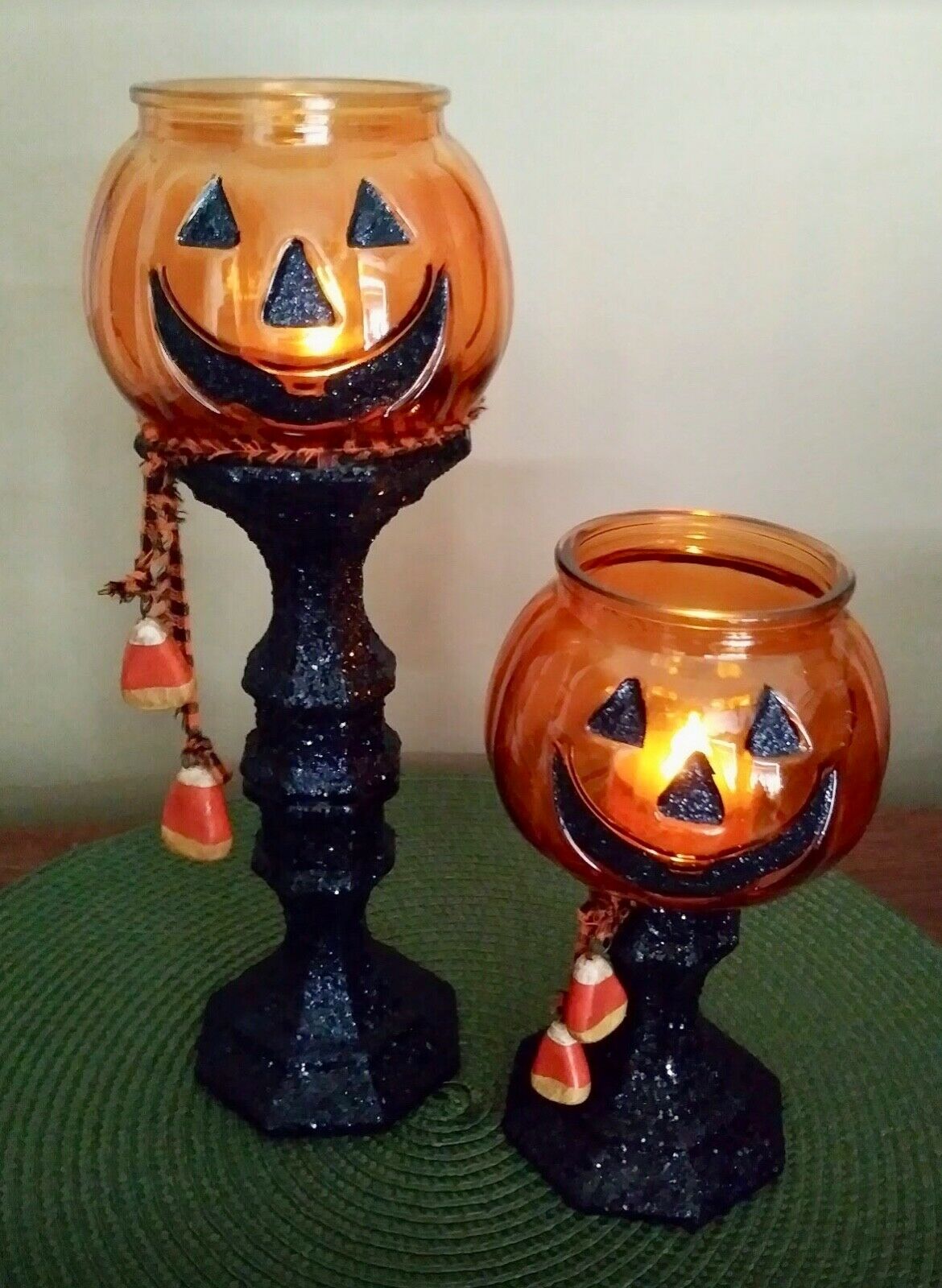 Halloween Lighted Pumpkin Glitter Candle Holders, Set Of 2, Farmhouse Primitive