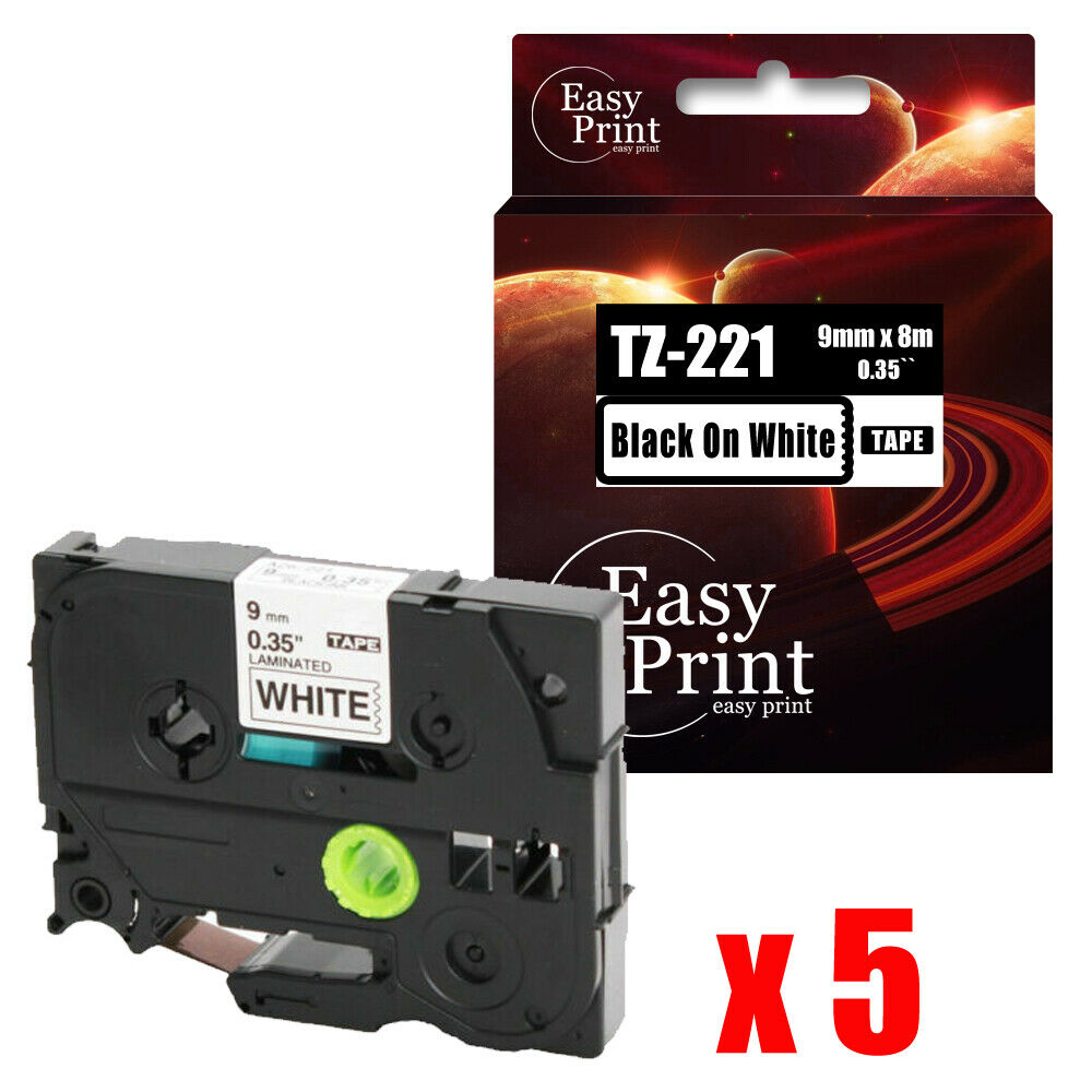 5pk Black On White Label Tz-221 With Brother Tze-221 P-touch Tape 9mm X 8m