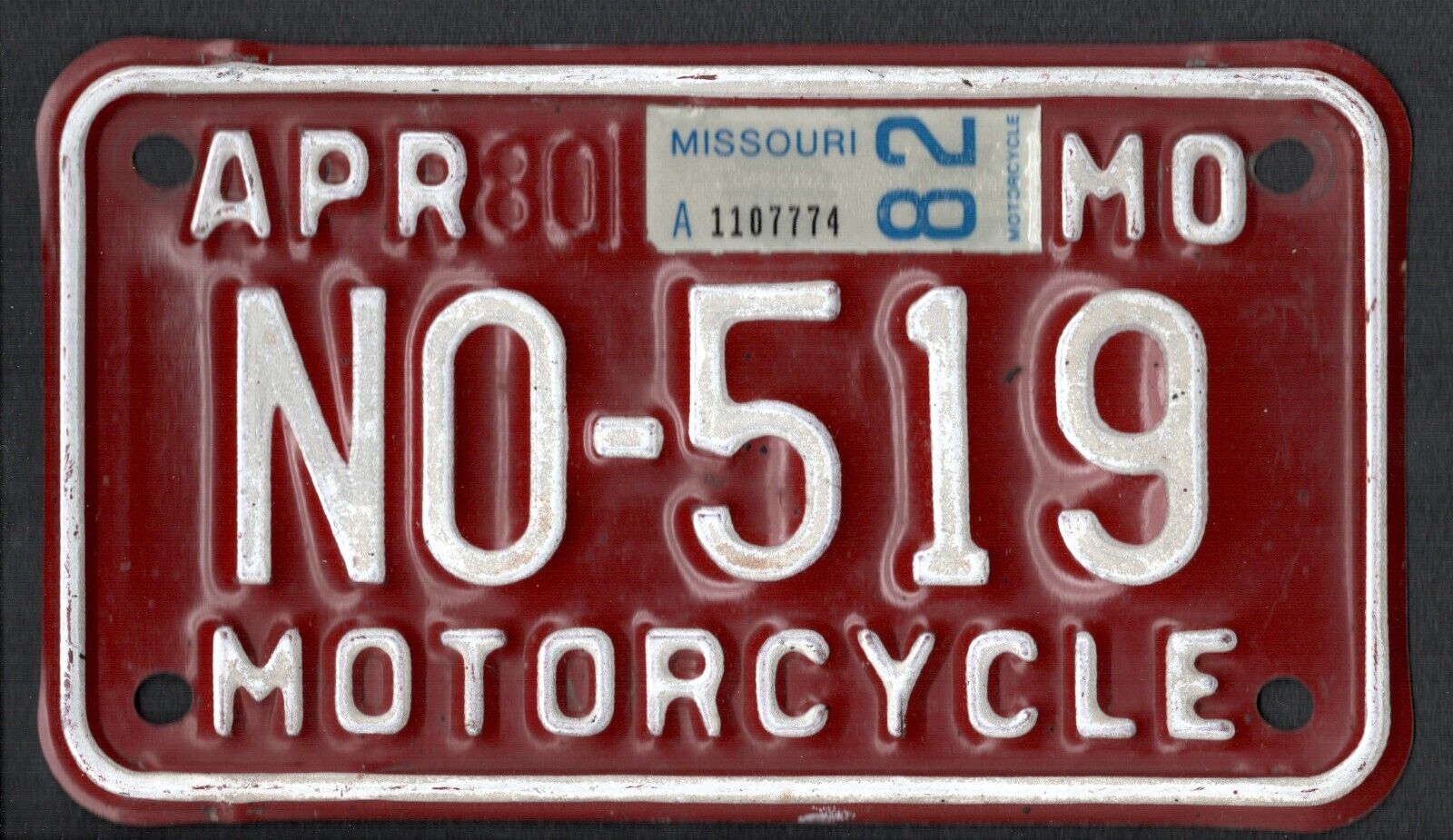 Missouri 1982 Motorcycle Licence Plate