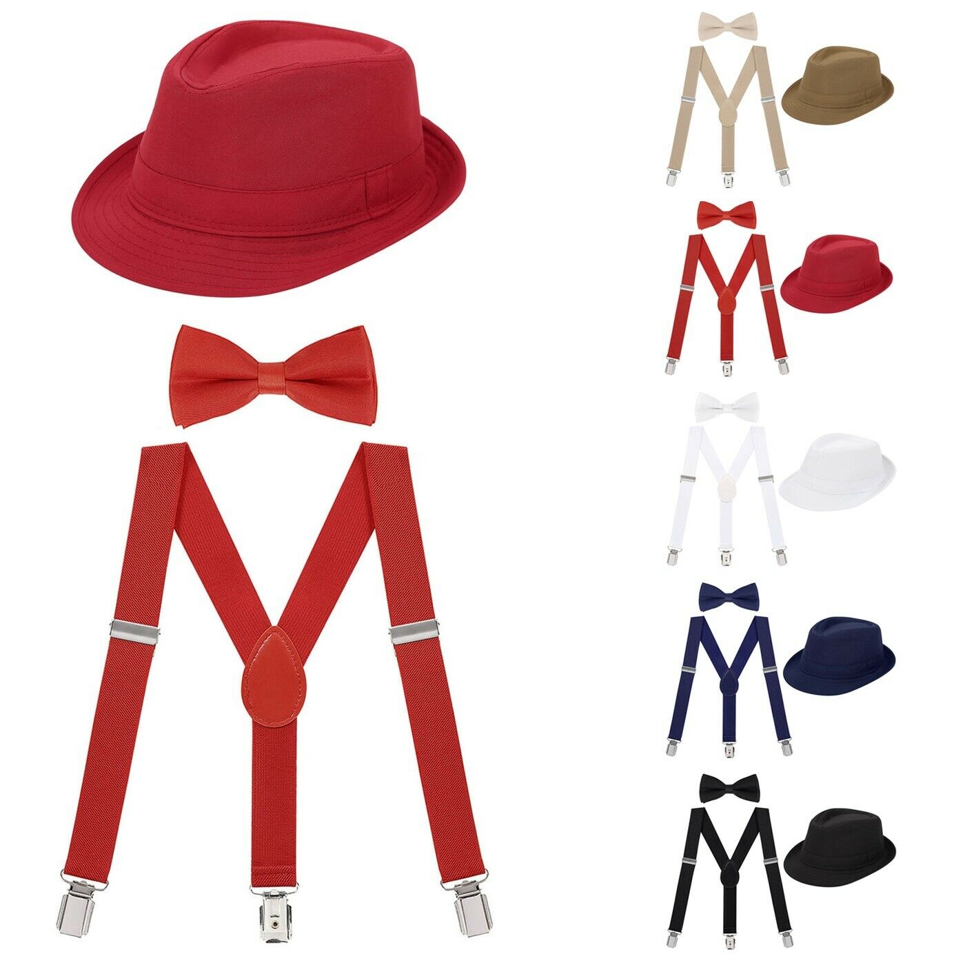 Cute Boys Formal Fedora Bow Tie & Suspenders Bundle Set Toddler Kid Wedding Hat