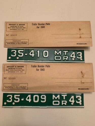 2 -1943 Missouri License Plate Year Tab, Unused (nos) With The Mailing Envelope