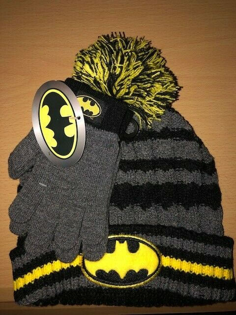 Kids' Gray & Black Stripe Batman Logo Pom-pom Beanie Hat & Gloves Set