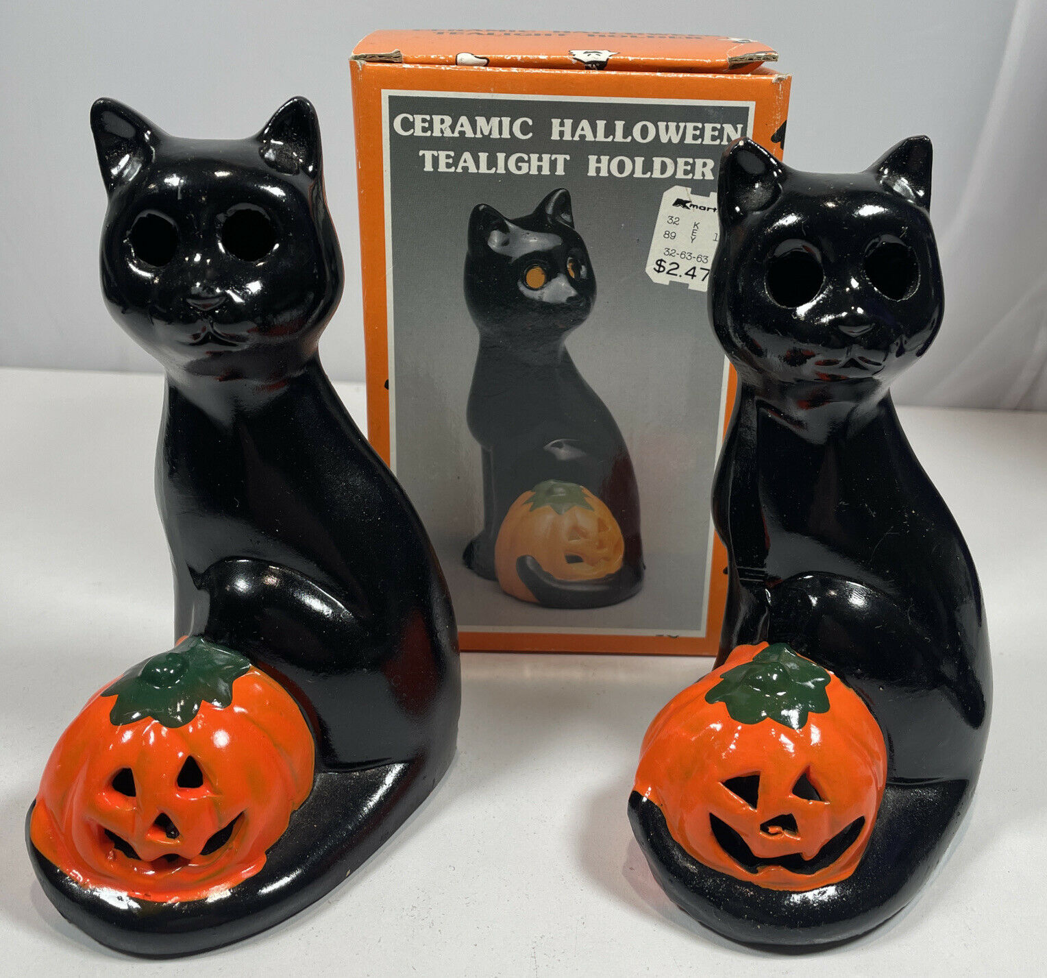Vintage Set Of 5.5” Halloween Ceramic Black Cat/pumpkin Candleholder With Box
