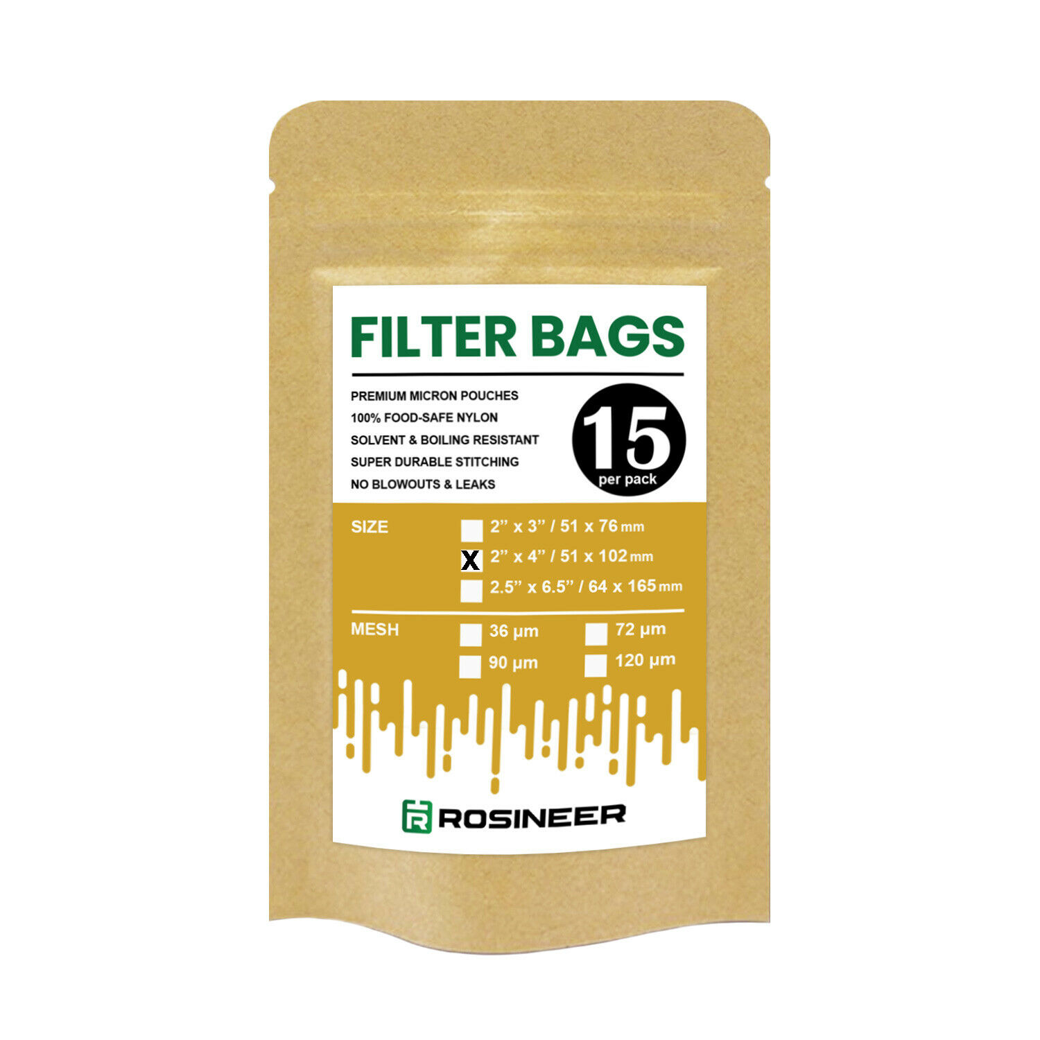 Rosineer Premium Filter Bags, 2"x4", 36/72/90/120 Micron Mesh Options