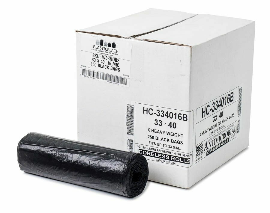 Plasticplace 32-33 Gallon High Density Trash Bags - Black, Case Of 250 Bags