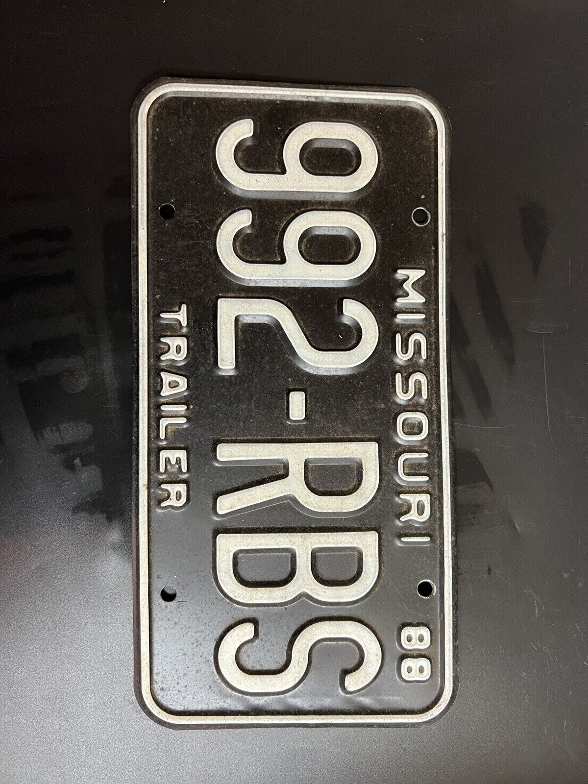Vintage 1988 Missouri Trailer License Plate Tag Black With White Lettering